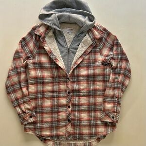 CI SONO Sherpa-Lined Plaid Hooded Shacket Red Gray Cream Size M Spring Layer